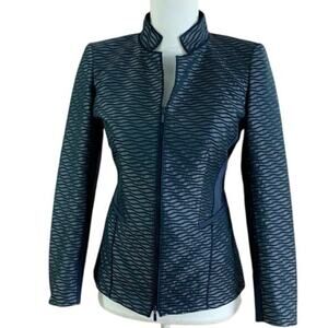Lafayette 148 New York Designer Blazer Navy Blue & Metallic Grey Zip Up 6